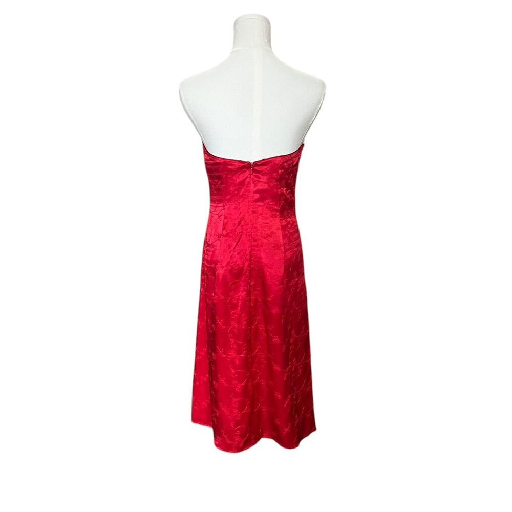 VTG Y2K Jessica McClintock Shiny Satin Red Floral Embroidered Strapless Dress 6 - Picture 4 of 8